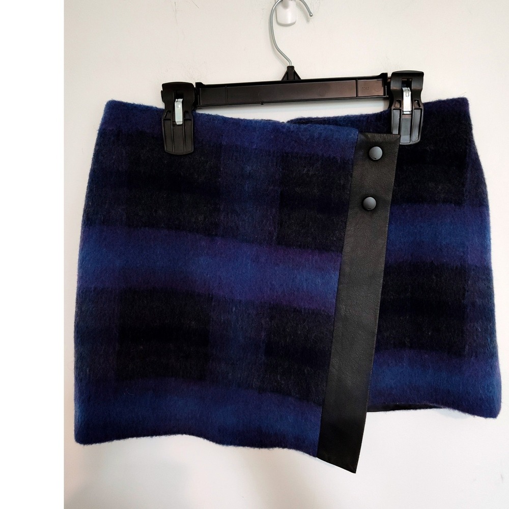Karen Millen Blue Plaid Wool Mohair Mini Skirt Faux Leather Wrap US 8 ST045/A14W